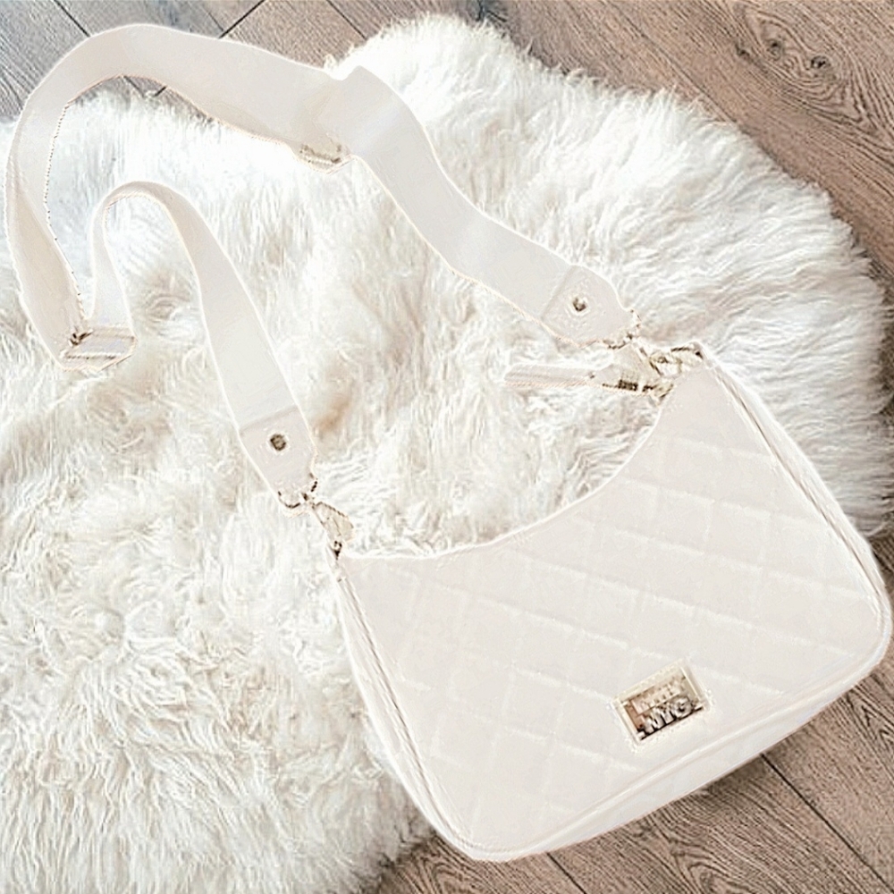 Madden NYC Elegant Quilted White Crossbody Purse w/ Gold Chain Hardware Detail